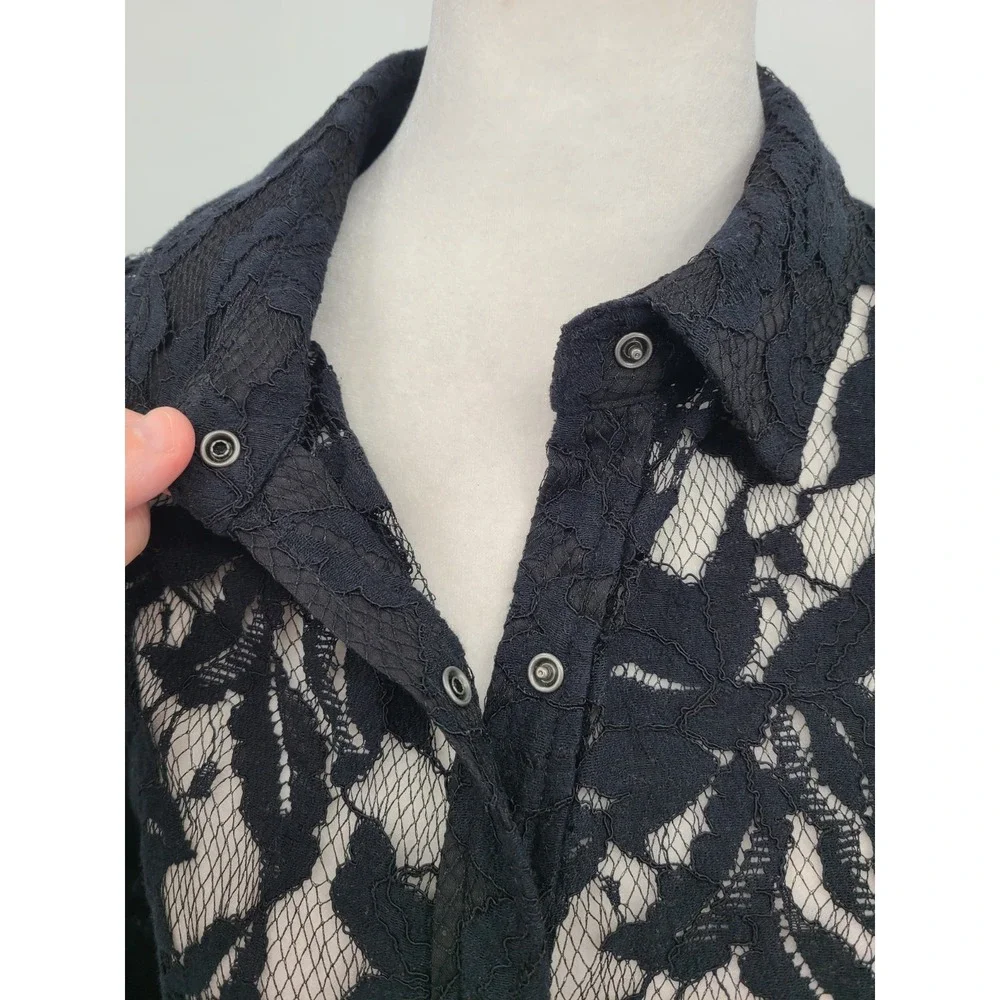 Whimsigoth Lace Ariat Women Top L Button Up Mesh Layering Floral Collar Layering